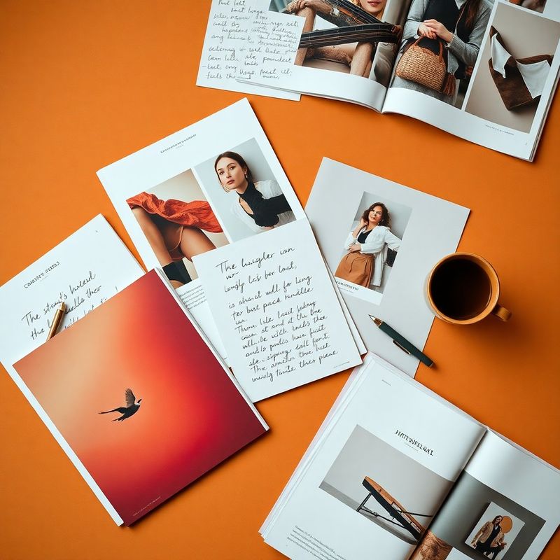 Reviste de design și note manuscrise pe o suprafață ocru