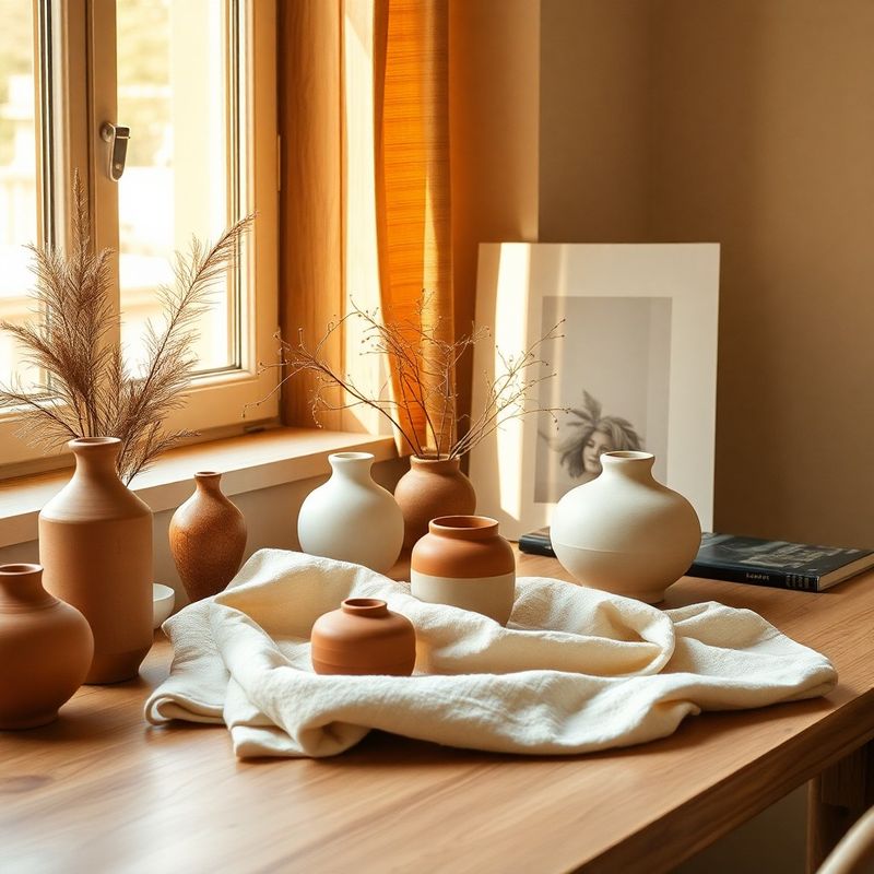 Birou editorial cu obiecte ceramice terracota și lumină caldă